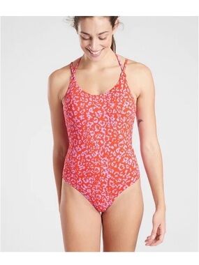 Athleta Leopard Keyhole One Piece Swimsuit Pink/Red Size Medium